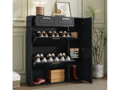 Zapatero plegable - 95 x 24 x 107,5 cm - con estantes ajustables + 2 cajones + 1 puerta - aglomerado + MDF + metal - negro