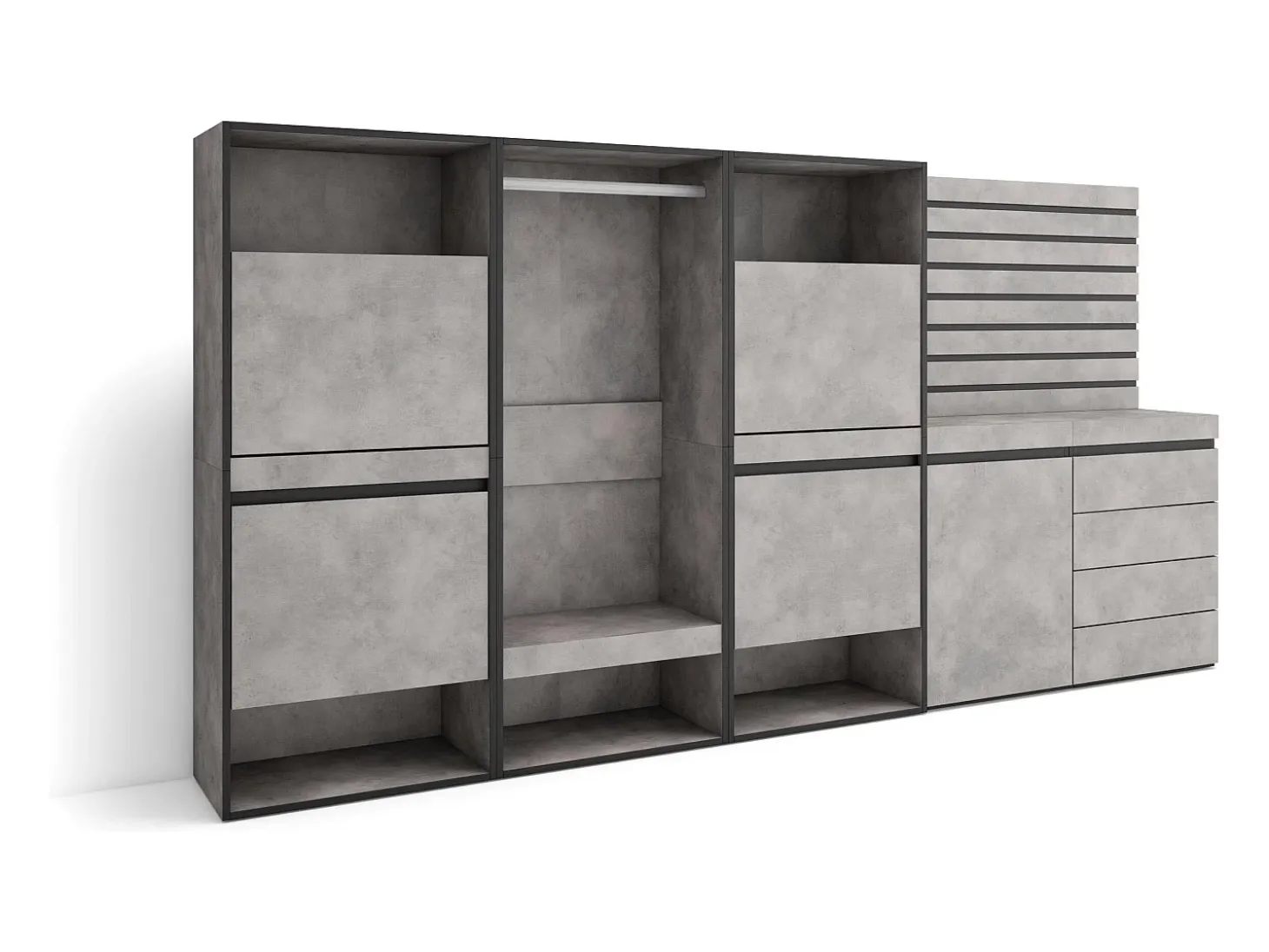 Zapatero, 287x35x145cm, Dormitorio, habitación, Vestidor abierto, Cómoda, Cajonera, Listones Decorativos, Cemento