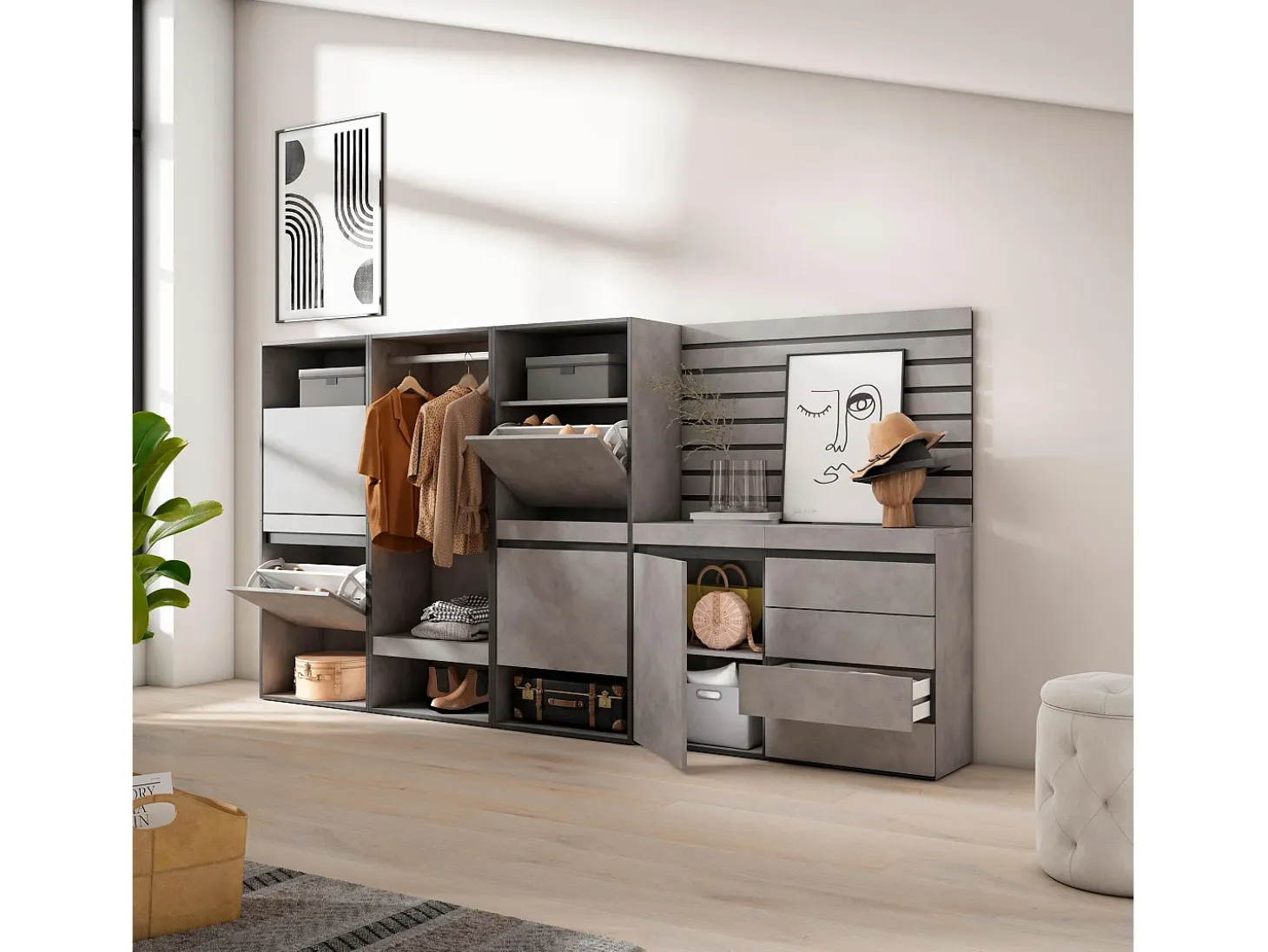 Zapatero, 287x35x145cm, Dormitorio, habitación, Vestidor abierto, Cómoda, Cajonera, Listones Decorativos, Cemento