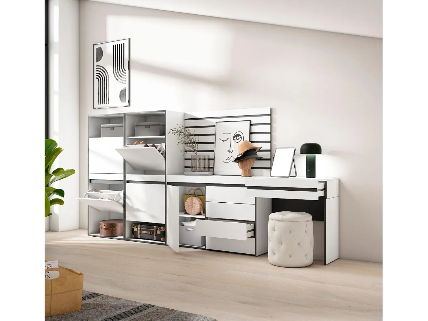Zapatero, 297x35x145cm, Dormitorio, habitación, Cómoda, Cajonera, Listones Decorativos, Tocador, Blanco