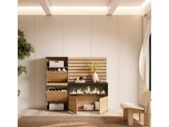 Zapatero, 167x35x145cm, Dormitorio, habitación, Chimenea eléctrica XXL, Listones Decorativos, Roble